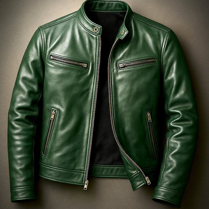 Heren Slim-Fit Leren Bikerjack met Rits - Dennegroen