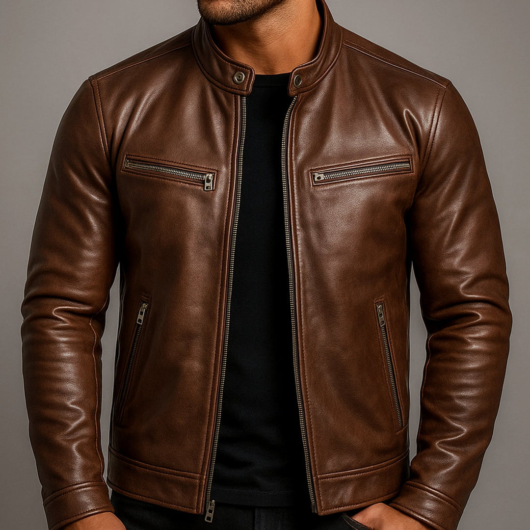 Heren Slim-Fit Leren Bikerjack met Rits