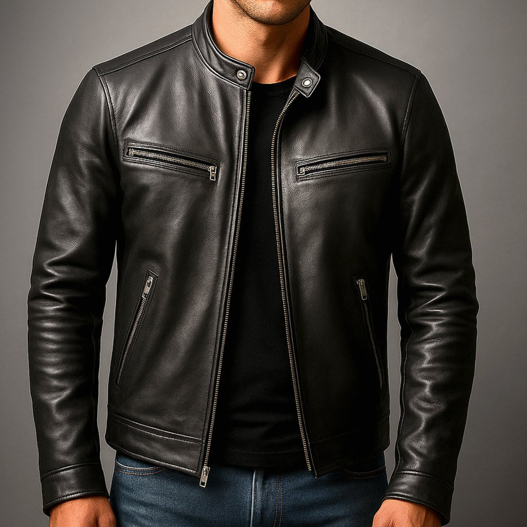 Heren Slim-Fit Leren Bikerjack met Rits