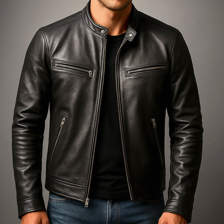 Heren Slim-Fit Leren Bikerjack met Rits