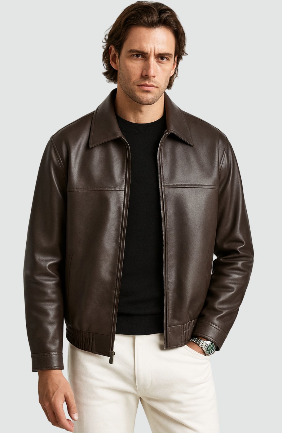Heren Slim-Fit Leren Jack Ritssluiting Rechte Kraag