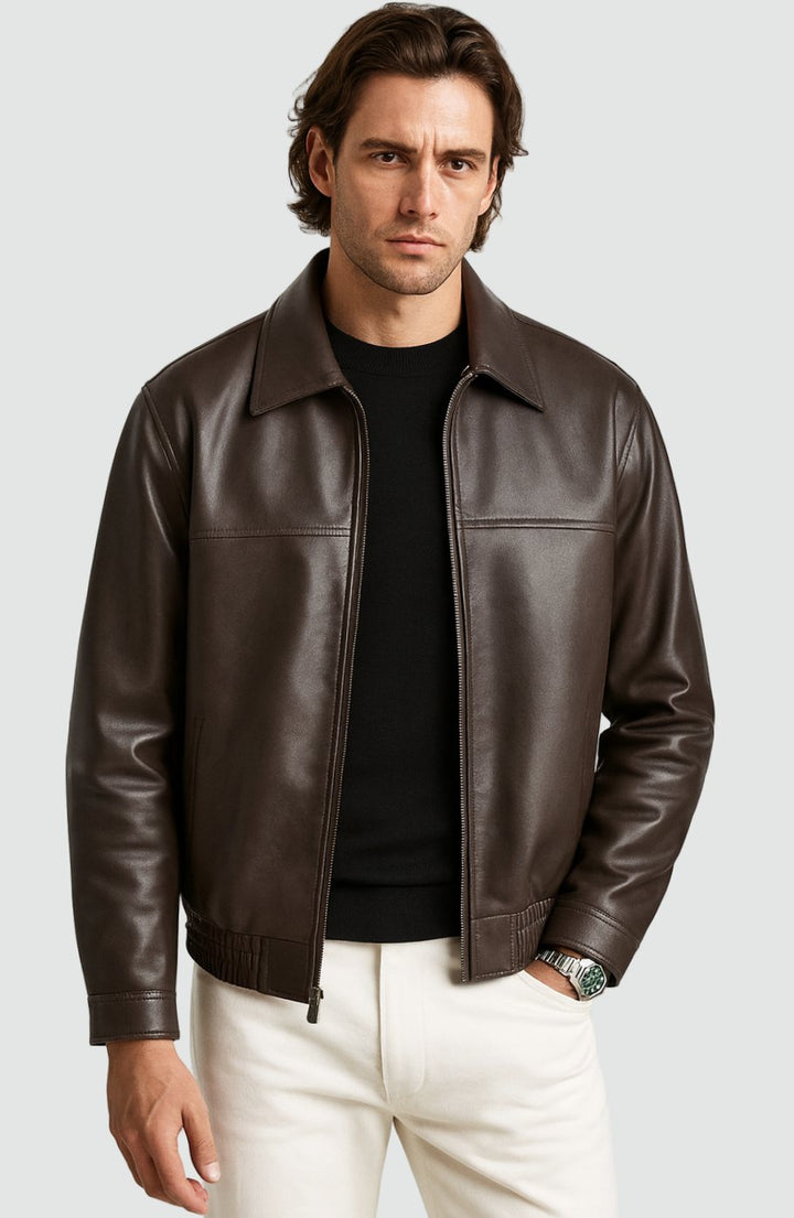 Heren Slim-Fit Leren Jack Ritssluiting Rechte Kraag