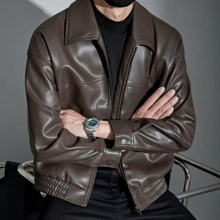 Heren Slim-Fit Leren Jack Ritssluiting Rechte Kraag