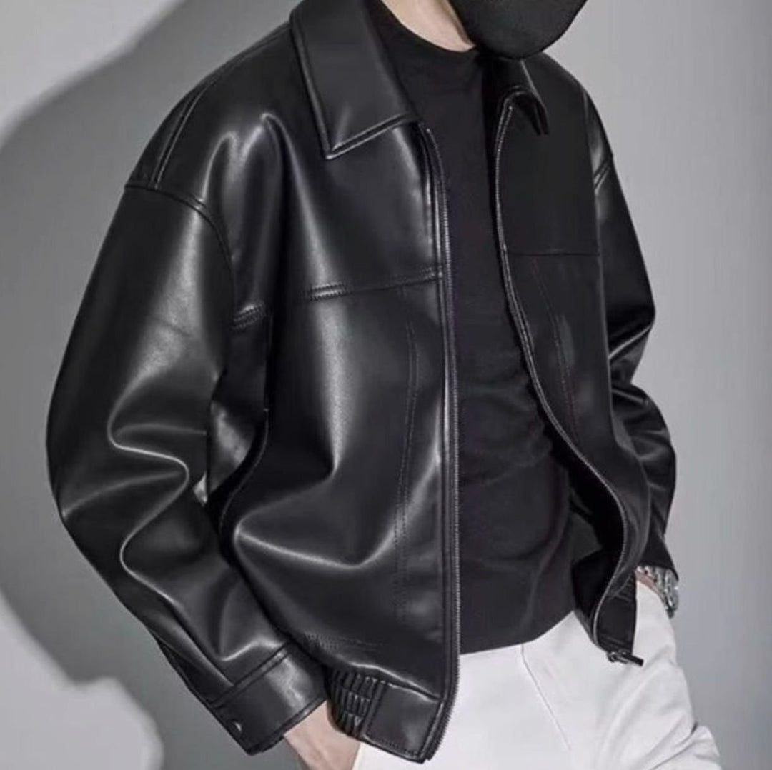 Heren Slim-Fit Leren Jack Ritssluiting Rechte Kraag - Zwart