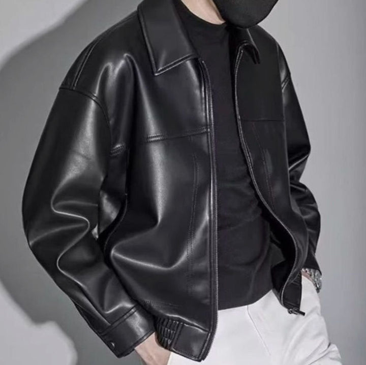 Heren Slim-Fit Leren Jack Ritssluiting Rechte Kraag - Zwart