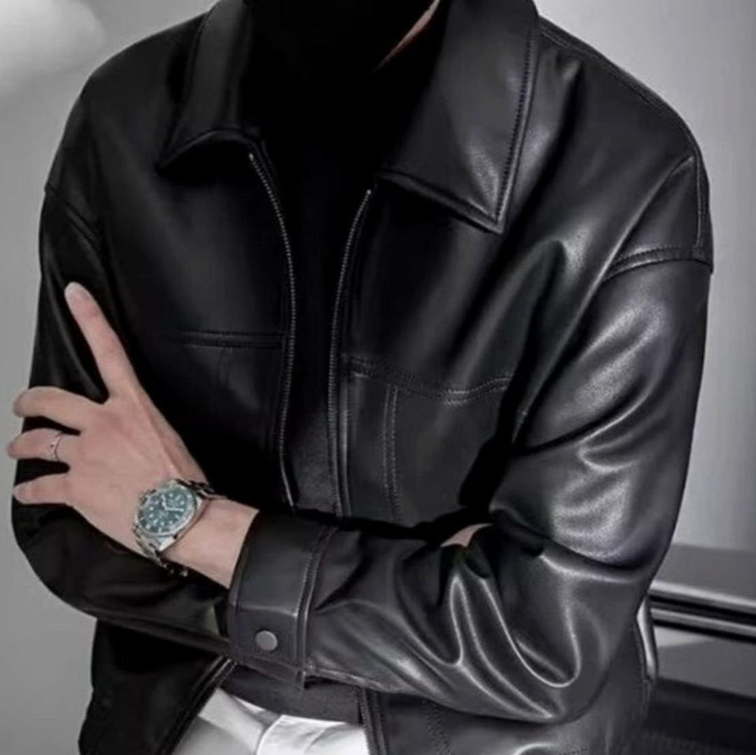 Heren Slim-Fit Leren Jack Ritssluiting Rechte Kraag