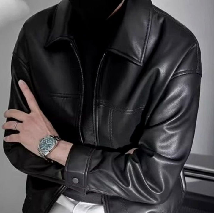 Heren Slim-Fit Leren Jack Ritssluiting Rechte Kraag