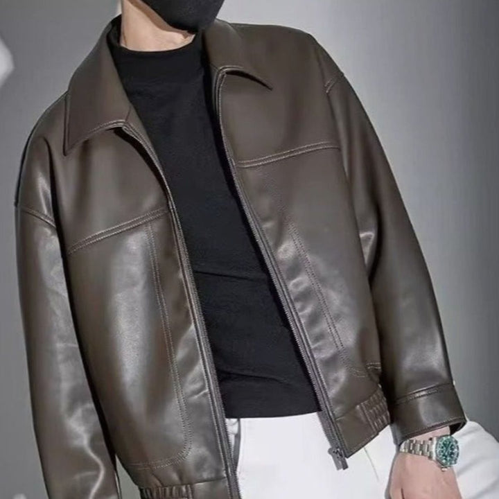 Heren Slim-Fit Leren Jack Ritssluiting Rechte Kraag - Bruin