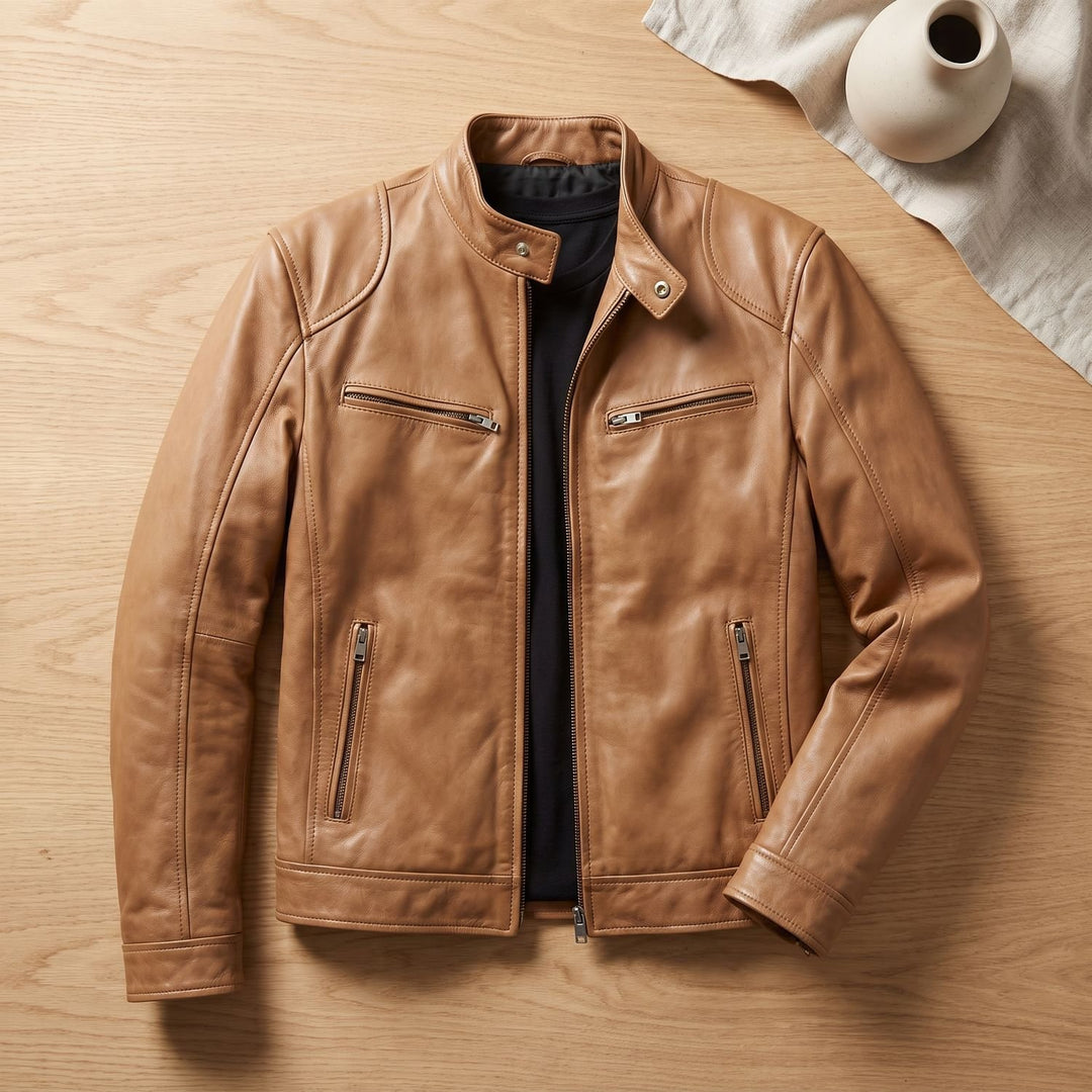 Heren Slim-Fit Leren Motorjas met Snapkraag en Rits - Khaki