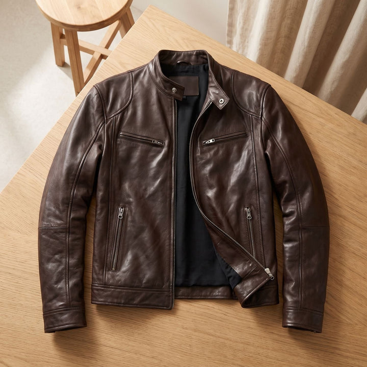 Heren Slim-Fit Leren Motorjas met Snapkraag en Rits - Bruin