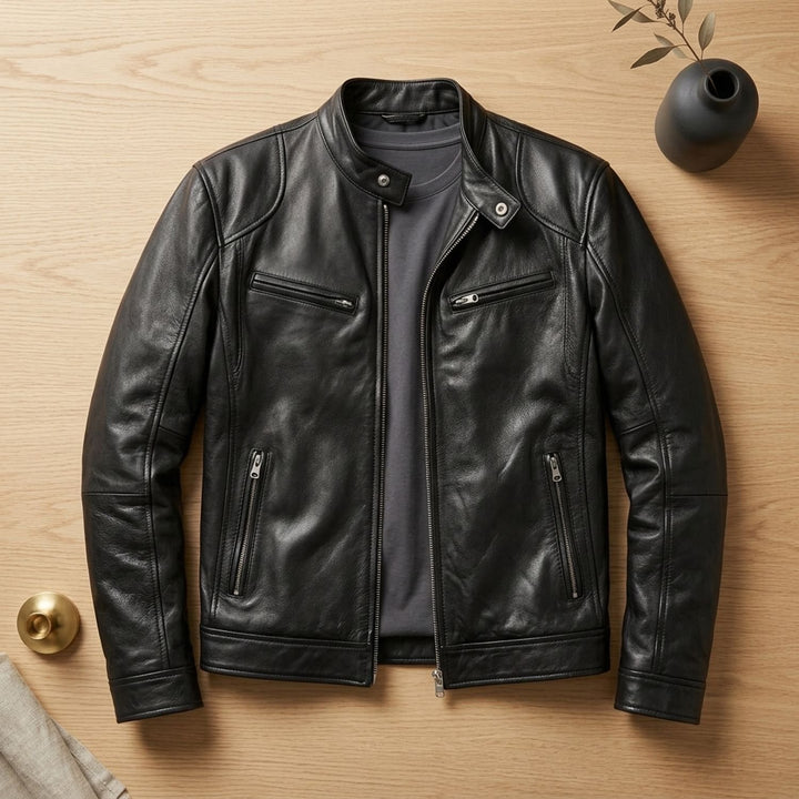 Heren Slim-Fit Leren Motorjas met Snapkraag en Rits - Zwart