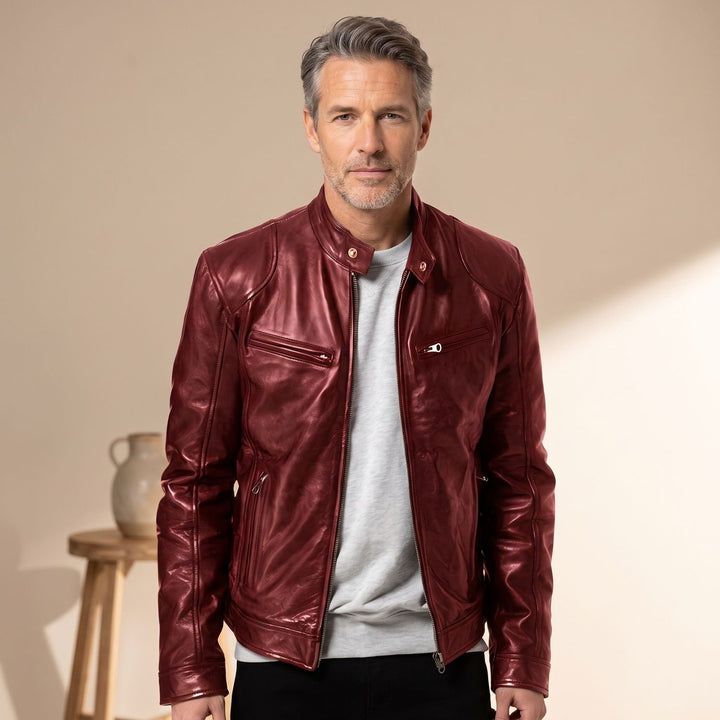Heren Slim-Fit Leren Motorjas met Snapkraag en Rits - Rood