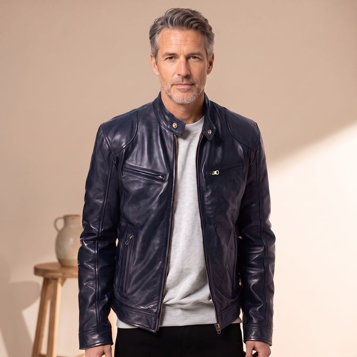 Heren Slim-Fit Leren Motorjas met Snapkraag en Rits - Donkerblauw