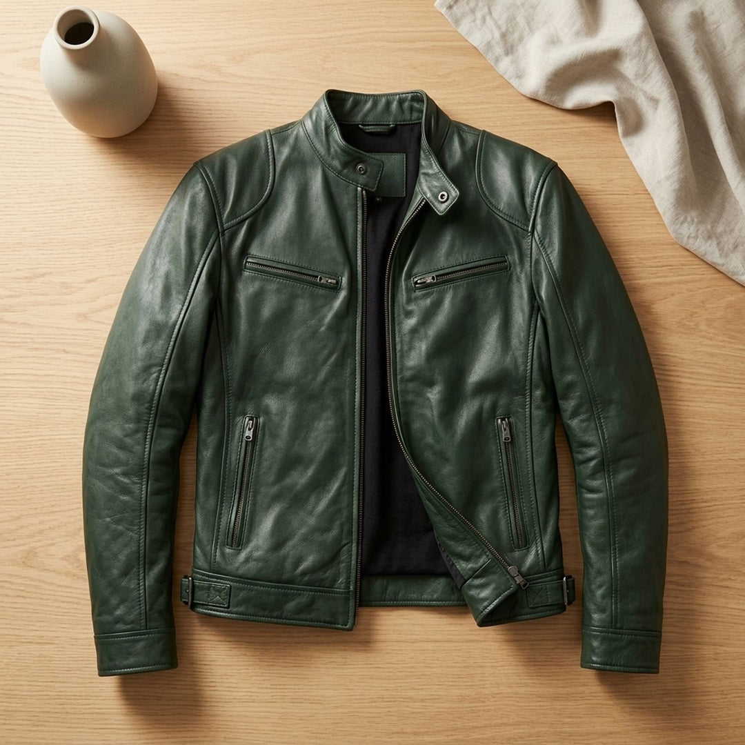 Heren Slim-Fit Leren Motorjas met Snapkraag en Rits - Groen