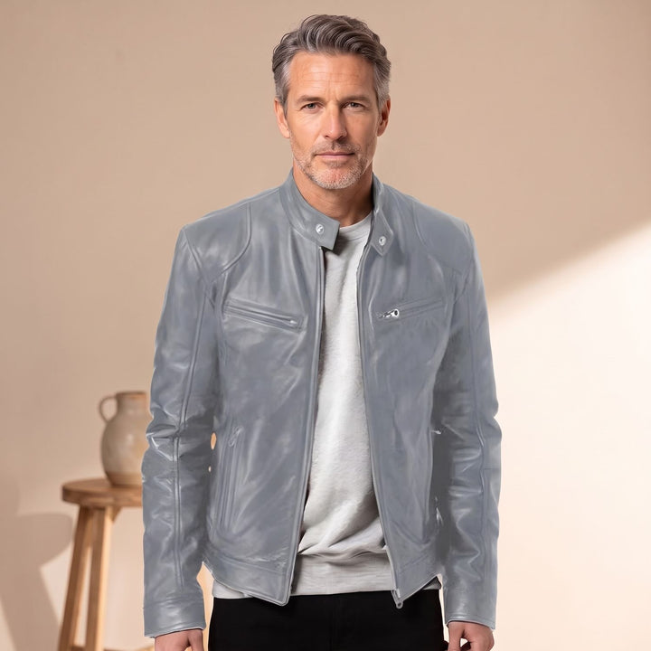 Heren Slim-Fit Leren Motorjas met Snapkraag en Rits - Grijs