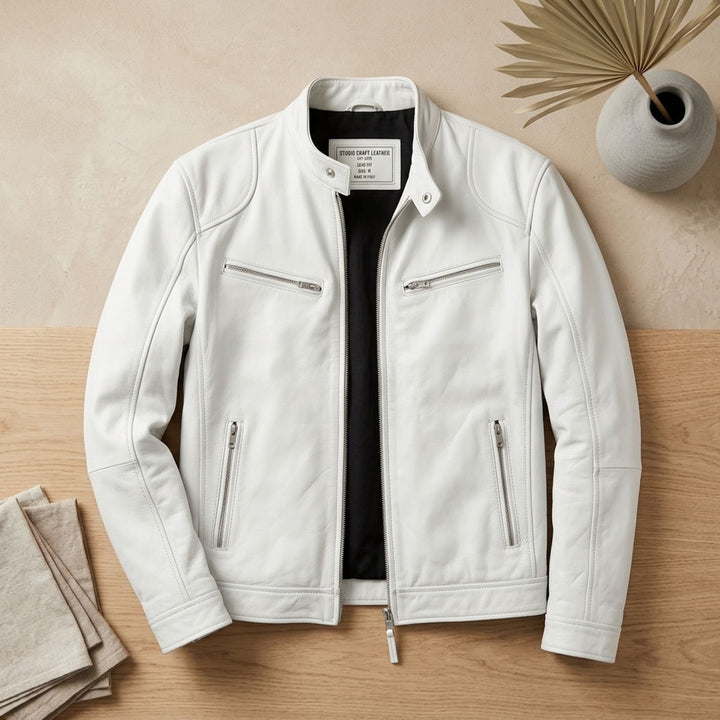 Heren Slim-Fit Leren Motorjas met Snapkraag en Rits - Wit