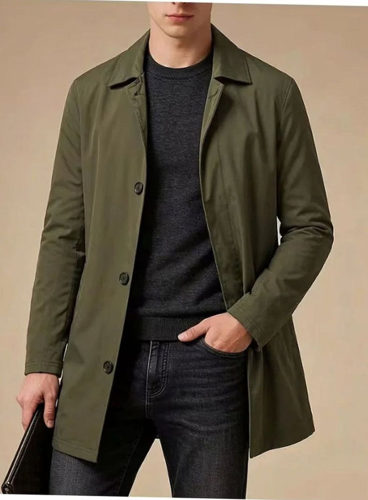 Heren Slim Fit Single-Breasted Trenchcoat met Zakdetails - Olijfgroen