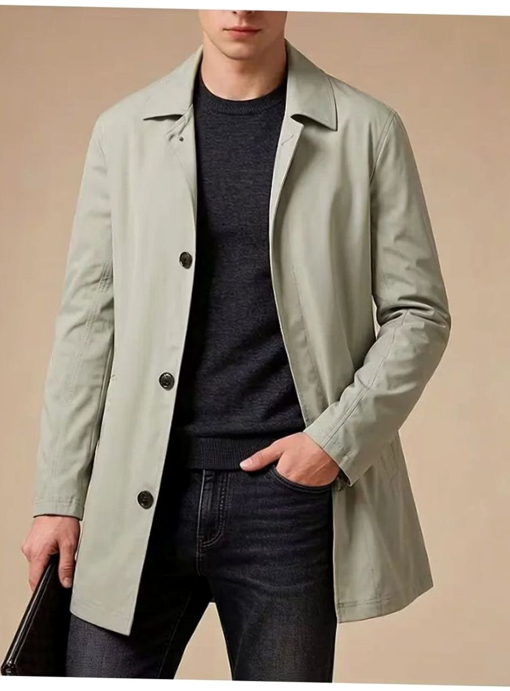 Heren Slim Fit Single-Breasted Trenchcoat met Zakdetails - Matcha