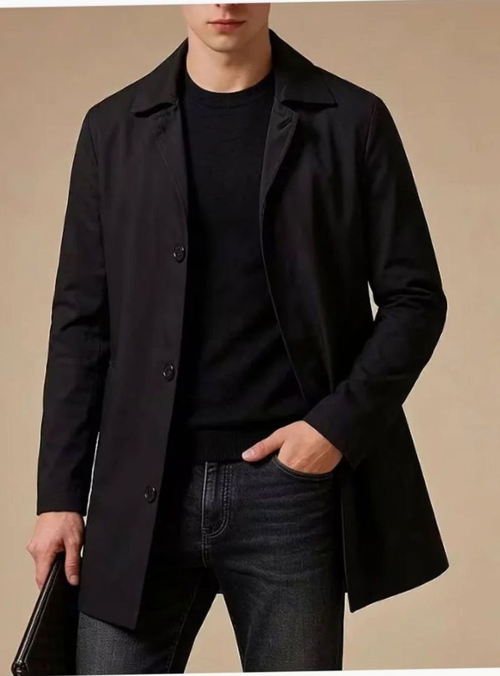 Heren Slim Fit Single-Breasted Trenchcoat met Zakdetails - Zwart