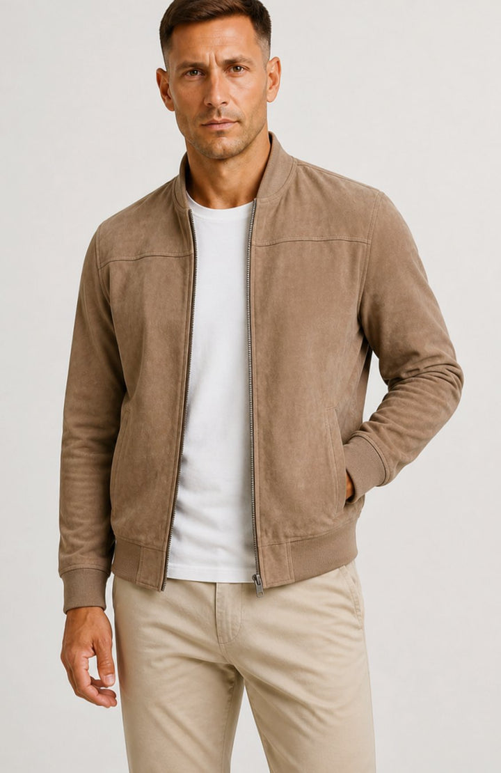 Heren Slim Fit Suède-Look Bomberjack met Ritssluiting