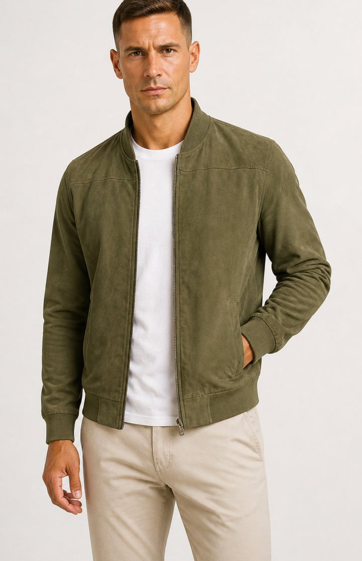 Heren Slim Fit Suède-Look Bomberjack met Ritssluiting - Groen