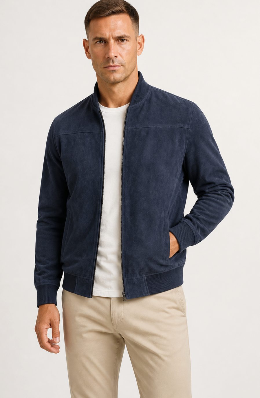 Heren Slim Fit Suède-Look Bomberjack met Ritssluiting - Blauw