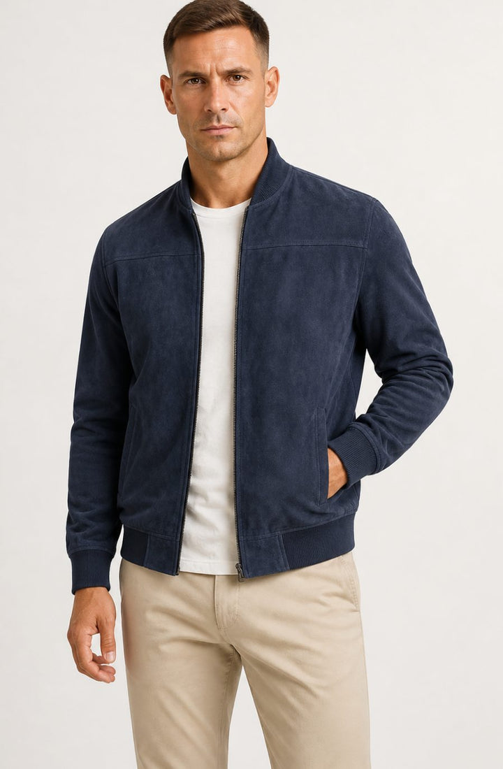 Heren Slim Fit Suède-Look Bomberjack met Ritssluiting - Blauw