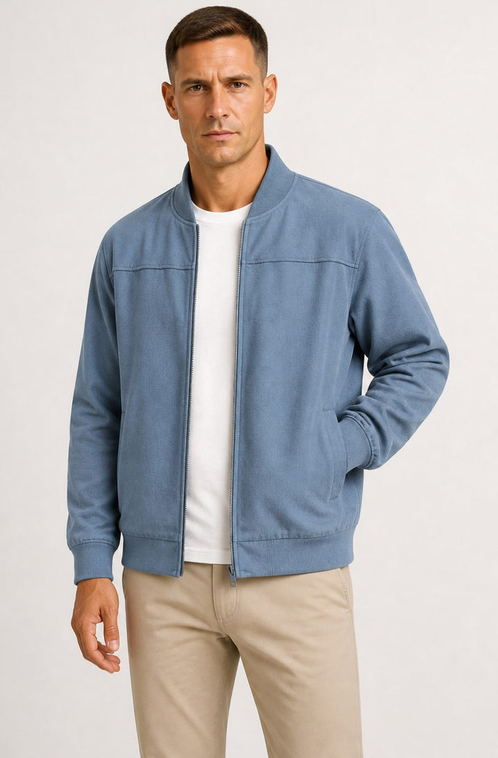 Heren Slim Fit Suède-Look Bomberjack met Ritssluiting - Lichtblauw