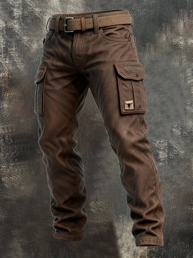 Heren Slim-Fit Tapered Cargohose Seitentaschen Bull-Patch - Braun