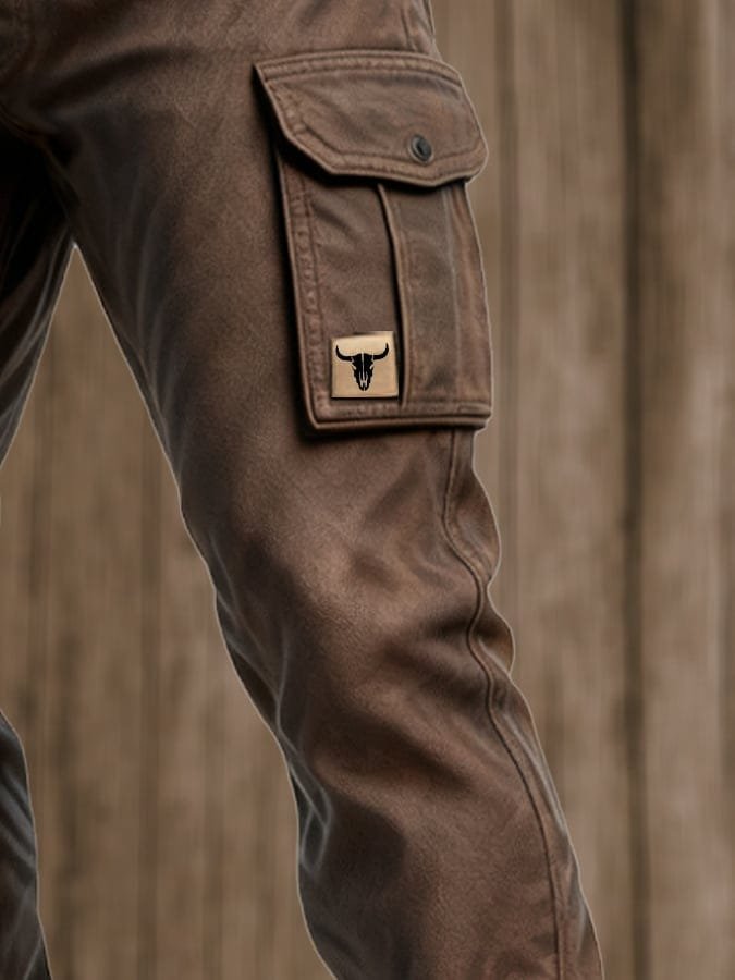Heren Slim-Fit Tapered Cargohose Seitentaschen Bull-Patch