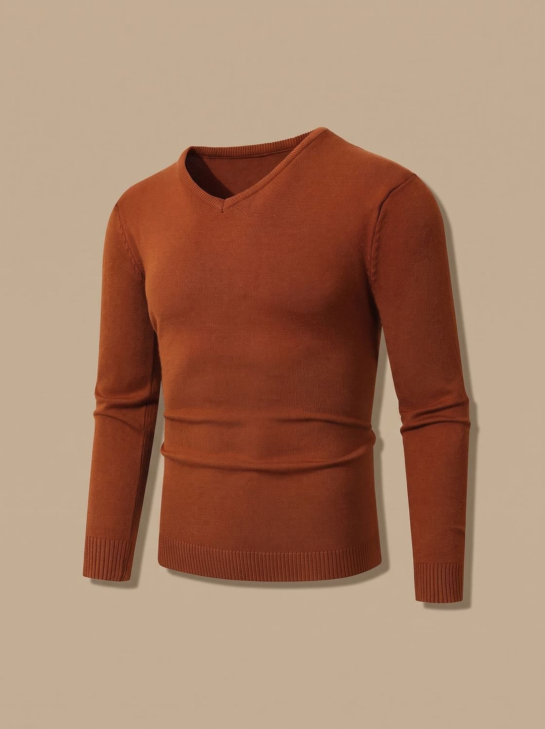 Heren Slim-Fit V-Hals Fijngebreide Pullover met Gerippte Boorden - Karamel