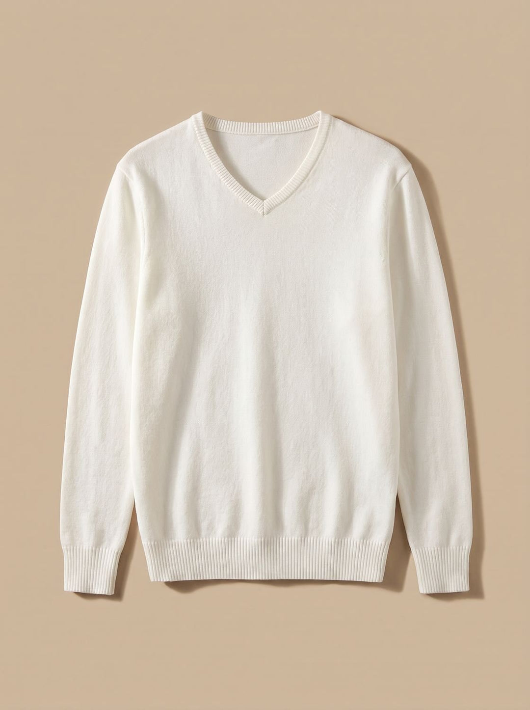 Heren Slim-Fit V-Hals Fijngebreide Pullover met Gerippte Boorden - Wit