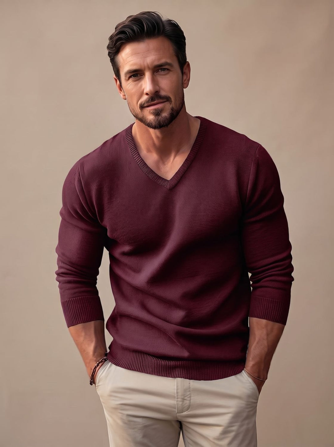 Heren Slim-Fit V-Hals Fijngebreide Pullover met Gerippte Boorden - Bordeauxrood