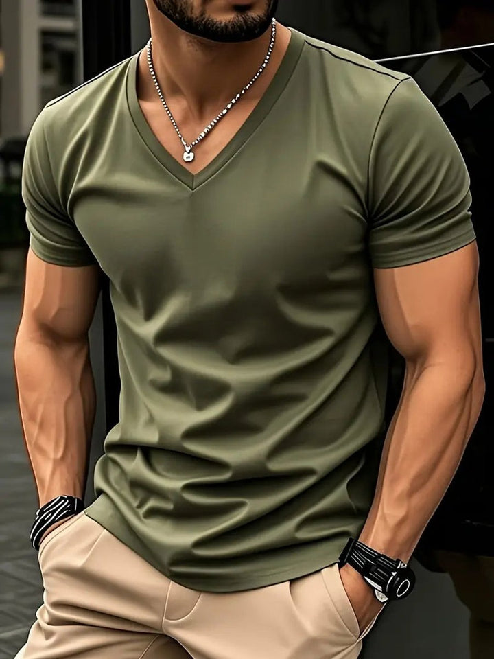 Heren Slim-Fit V-hals Katoenen Korte Mouw T-shirt - Groen