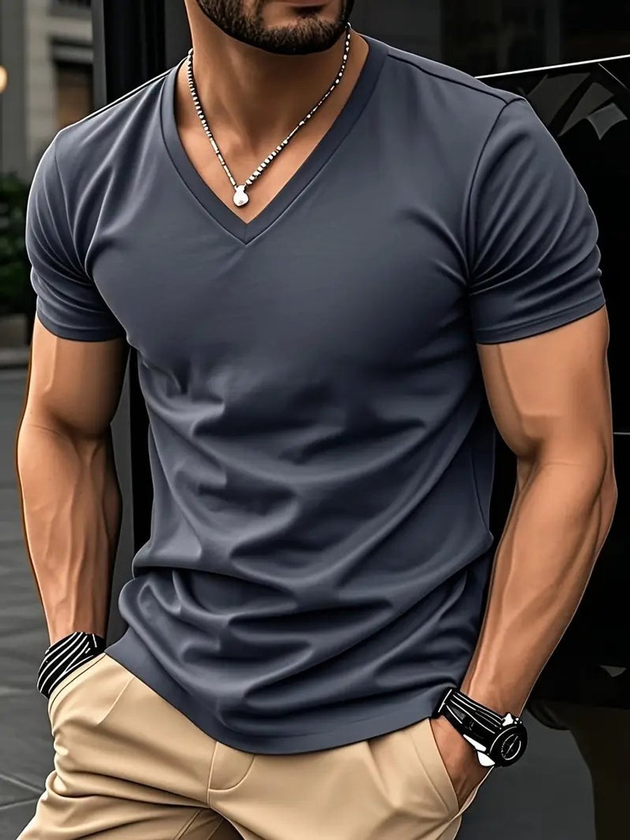 Heren Slim-Fit V-hals Katoenen Korte Mouw T-shirt - Grijs