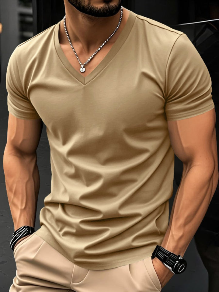 Heren Slim-Fit V-hals Katoenen Korte Mouw T-shirt - Khaki