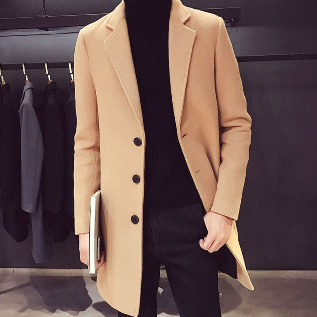 Heren Slim-Fit Wollen Jas Enkellang Revers Knopen