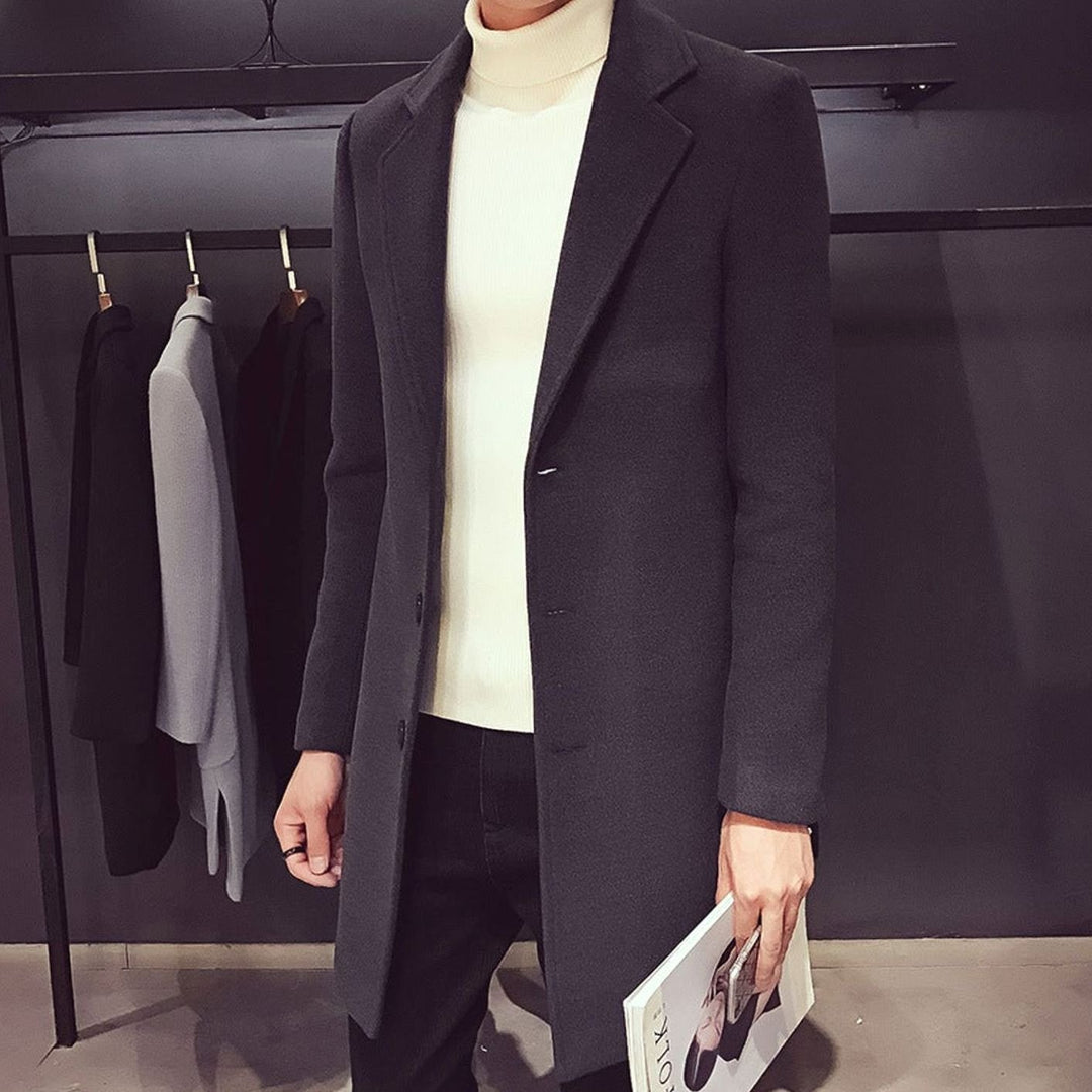 Heren Slim-Fit Wollen Jas Enkellang Revers Knopen - Donkergrijs