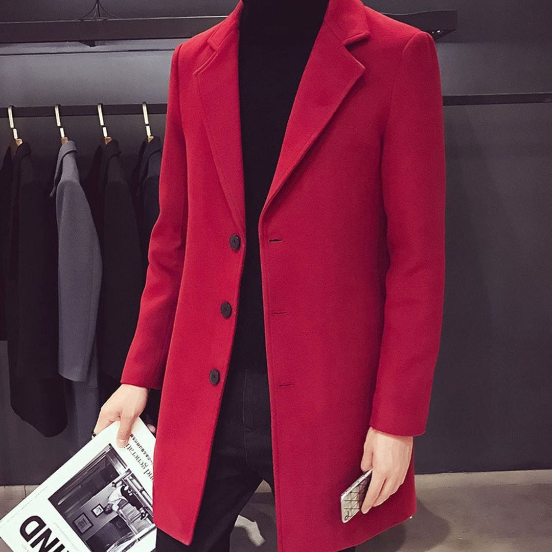 Heren Slim-Fit Wollen Jas Enkellang Revers Knopen - Bordeauxrood