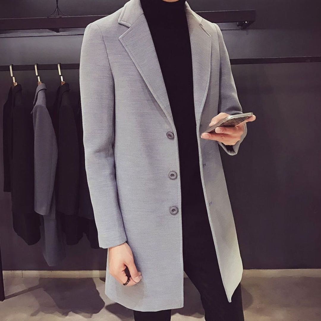 Heren Slim-Fit Wollen Jas Enkellang Revers Knopen