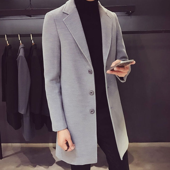 Heren Slim-Fit Wollen Jas Enkellang Revers Knopen