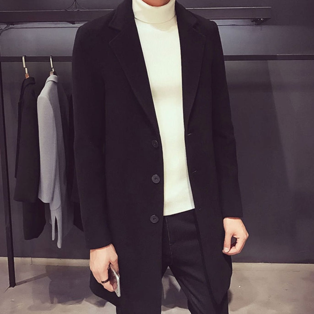 Heren Slim-Fit Wollen Jas Enkellang Revers Knopen