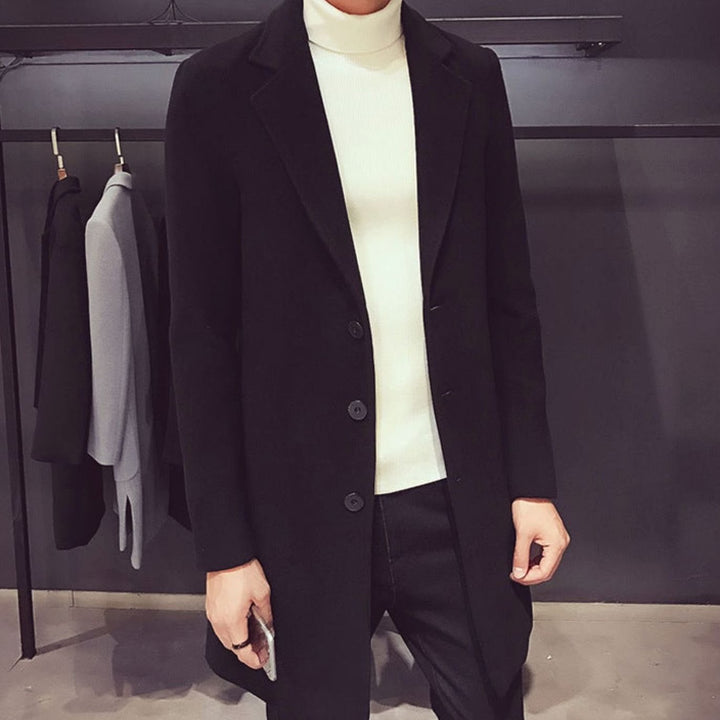 Heren Slim-Fit Wollen Jas Enkellang Revers Knopen