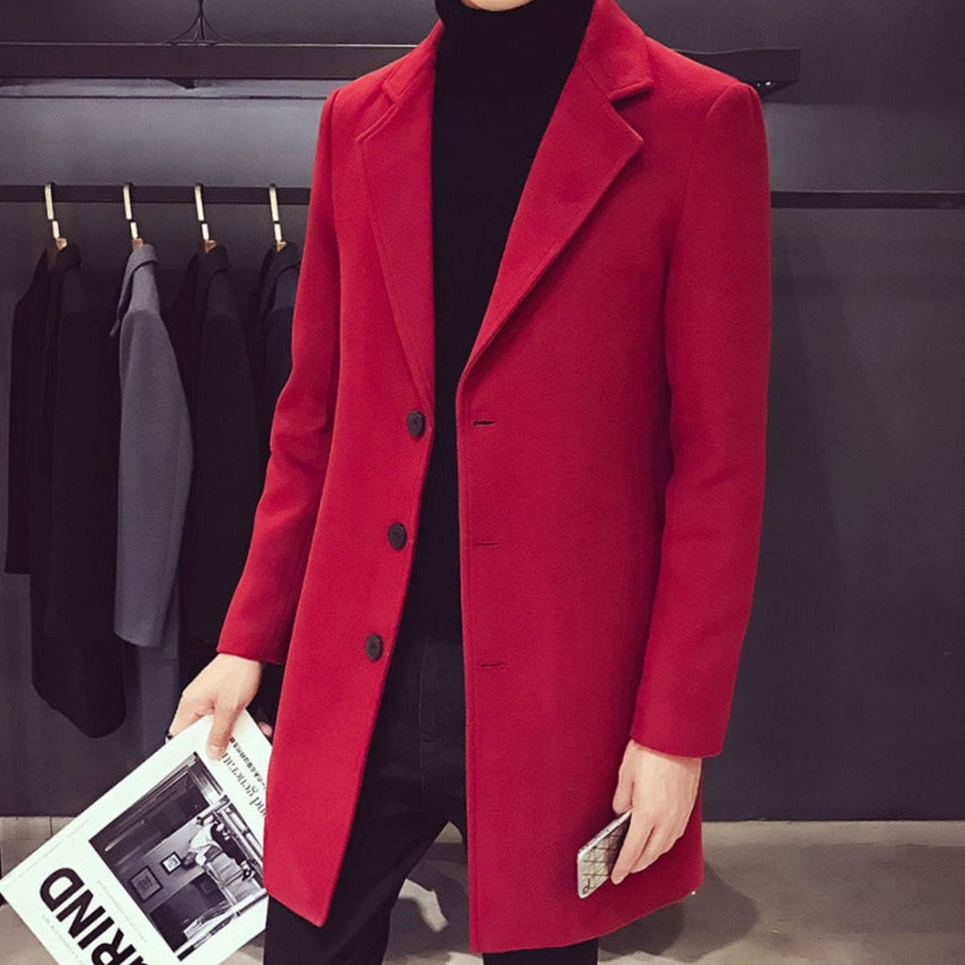 Heren Slim-Fit Wollen Jas Enkellang Revers Knopen