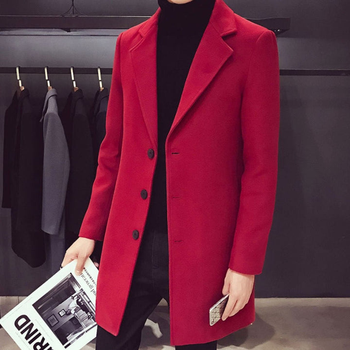 Heren Slim-Fit Wollen Jas Enkellang Revers Knopen