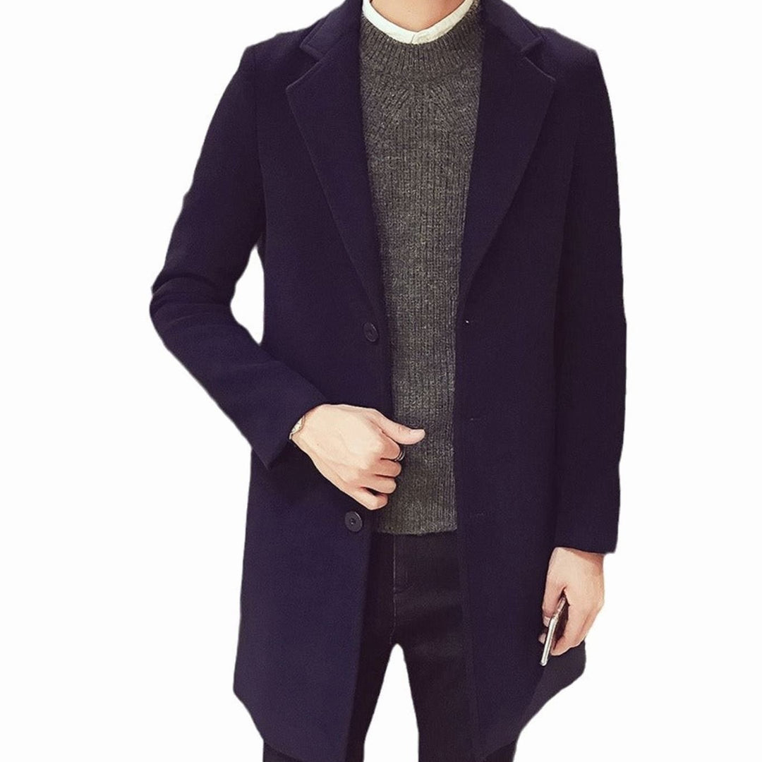 Heren Slim-Fit Wollen Jas Enkellang Revers Knopen