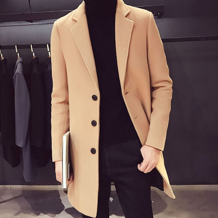 Heren Slim-Fit Wollen Jas Enkellang Revers Knopen - Khaki