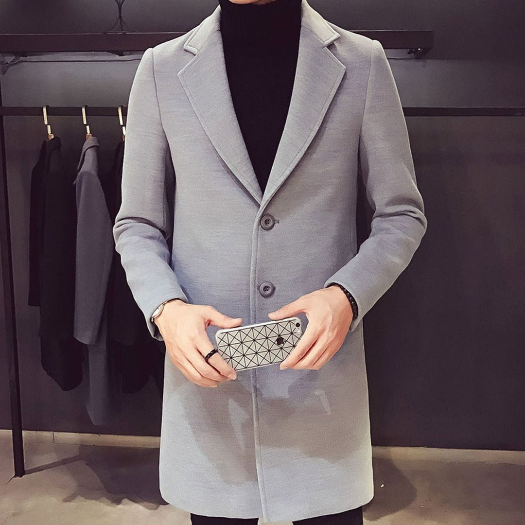 Heren Slim-Fit Wollen Jas Enkellang Revers Knopen - Lichtgrijs