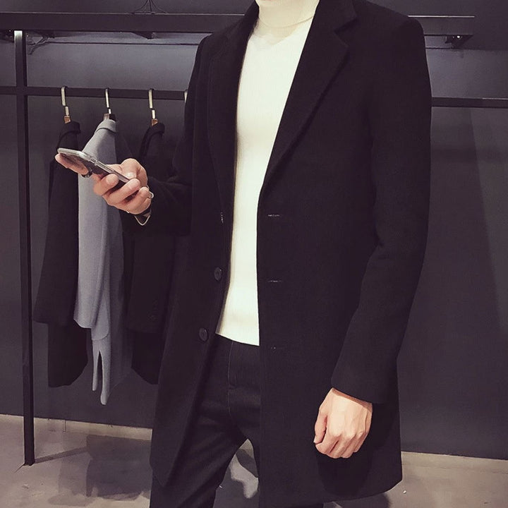Heren Slim-Fit Wollen Jas Enkellang Revers Knopen - Zwart