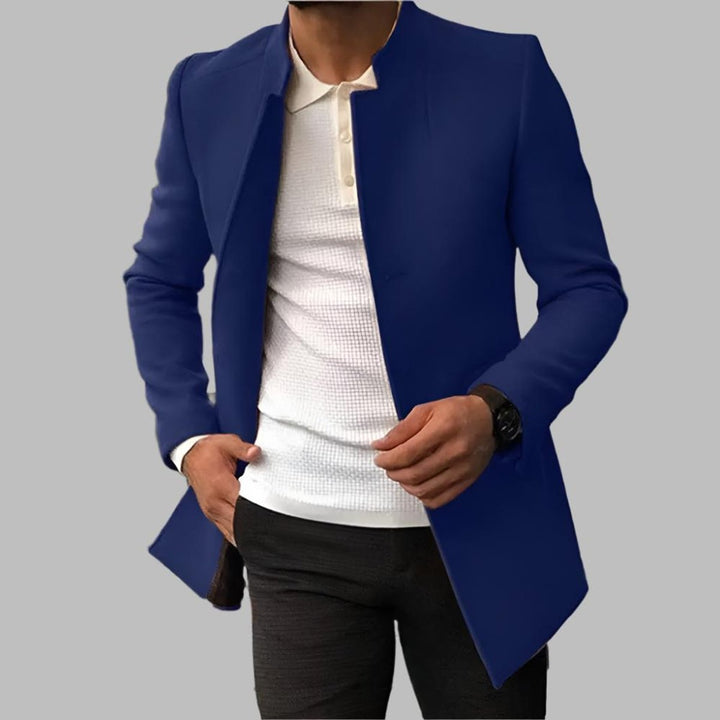 Heren Slim-Fit Wollen Overjas Elegante Staande Kraag - Blauw